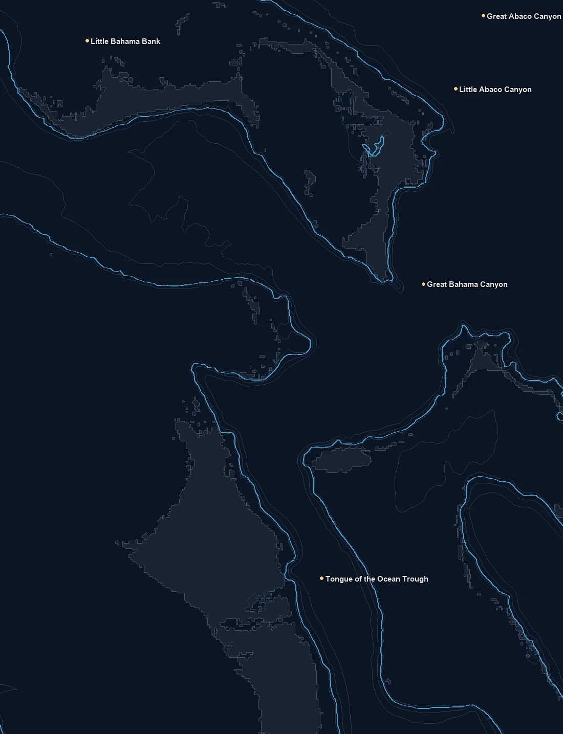 Bahamas / Abaco bathymetry and named fishing spots base map