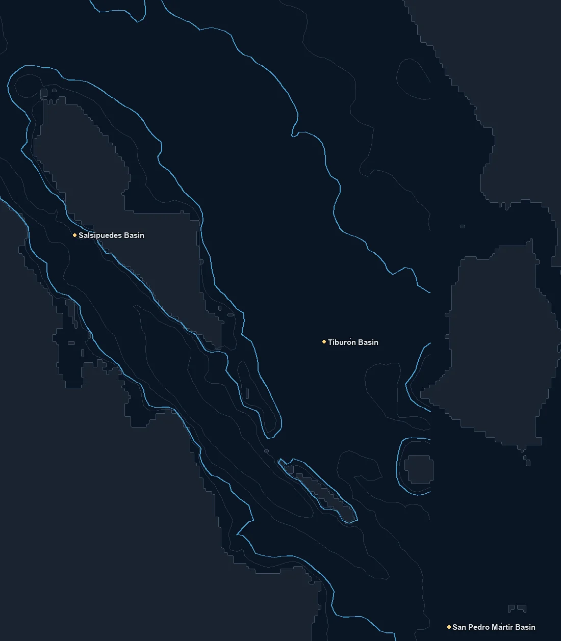 Bahía de los Ángeles bathymetry and named fishing spots base map