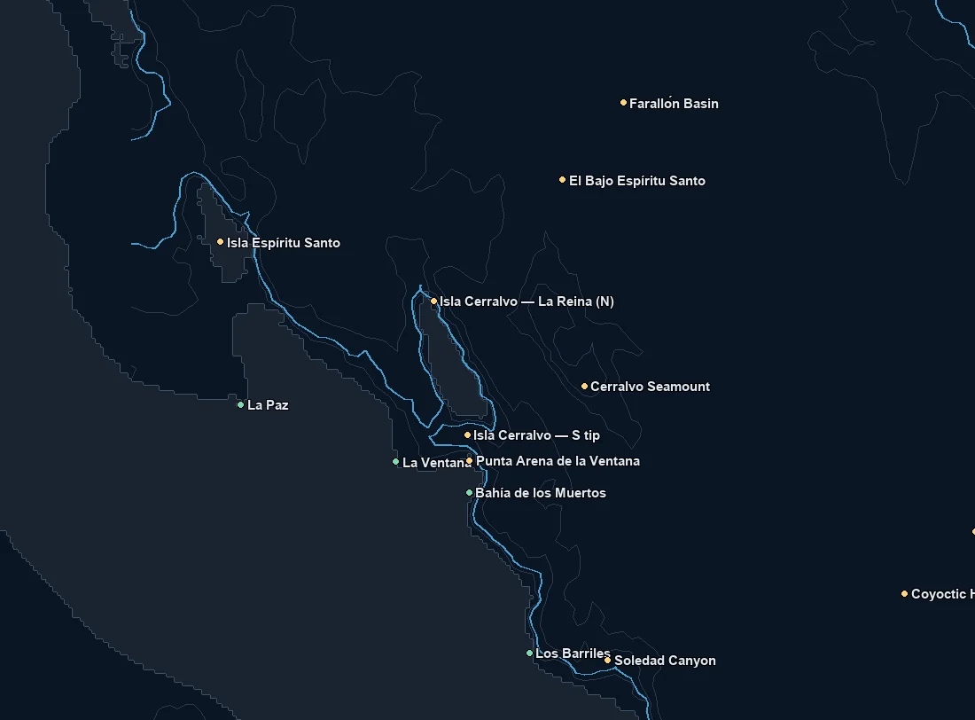 La Paz / La Ventana / Cerralvo bathymetry and named fishing spots base map