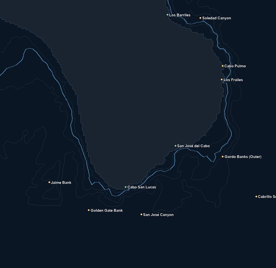 Los Cabos / East Cape bathymetry and named fishing spots base map