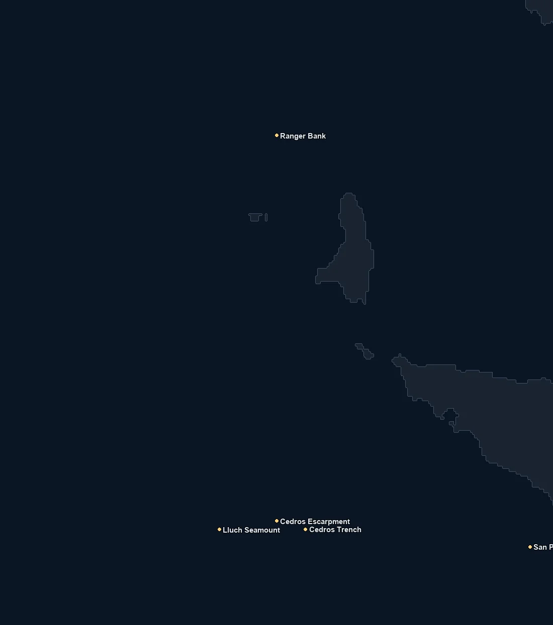Baja Pacific Central / Cedros bathymetry and named fishing spots base map