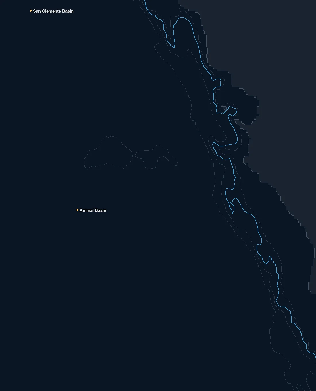 Baja Pacific North / Ensenada bathymetry and named fishing spots base map