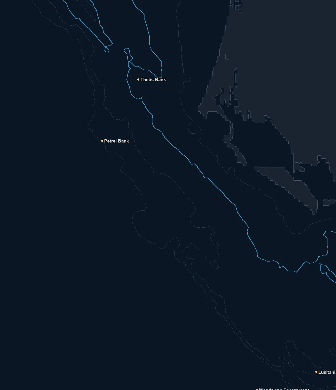 Baja Pacific South / Mag Bay bathymetry and named fishing spots base map