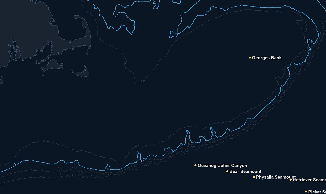 Cape Cod / Georges Bank bathymetry and named fishing spots base map