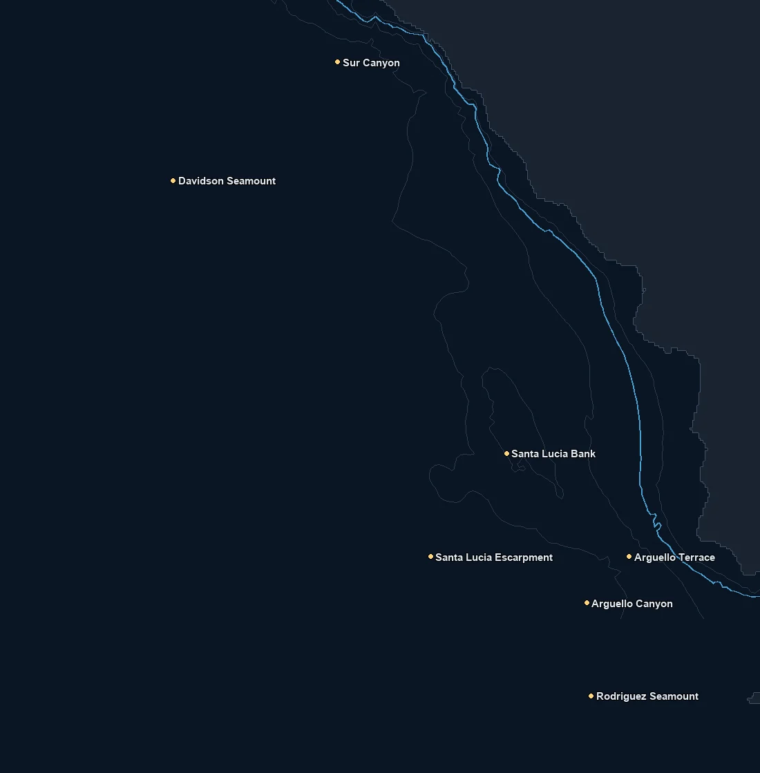 Central California bathymetry and named fishing spots base map