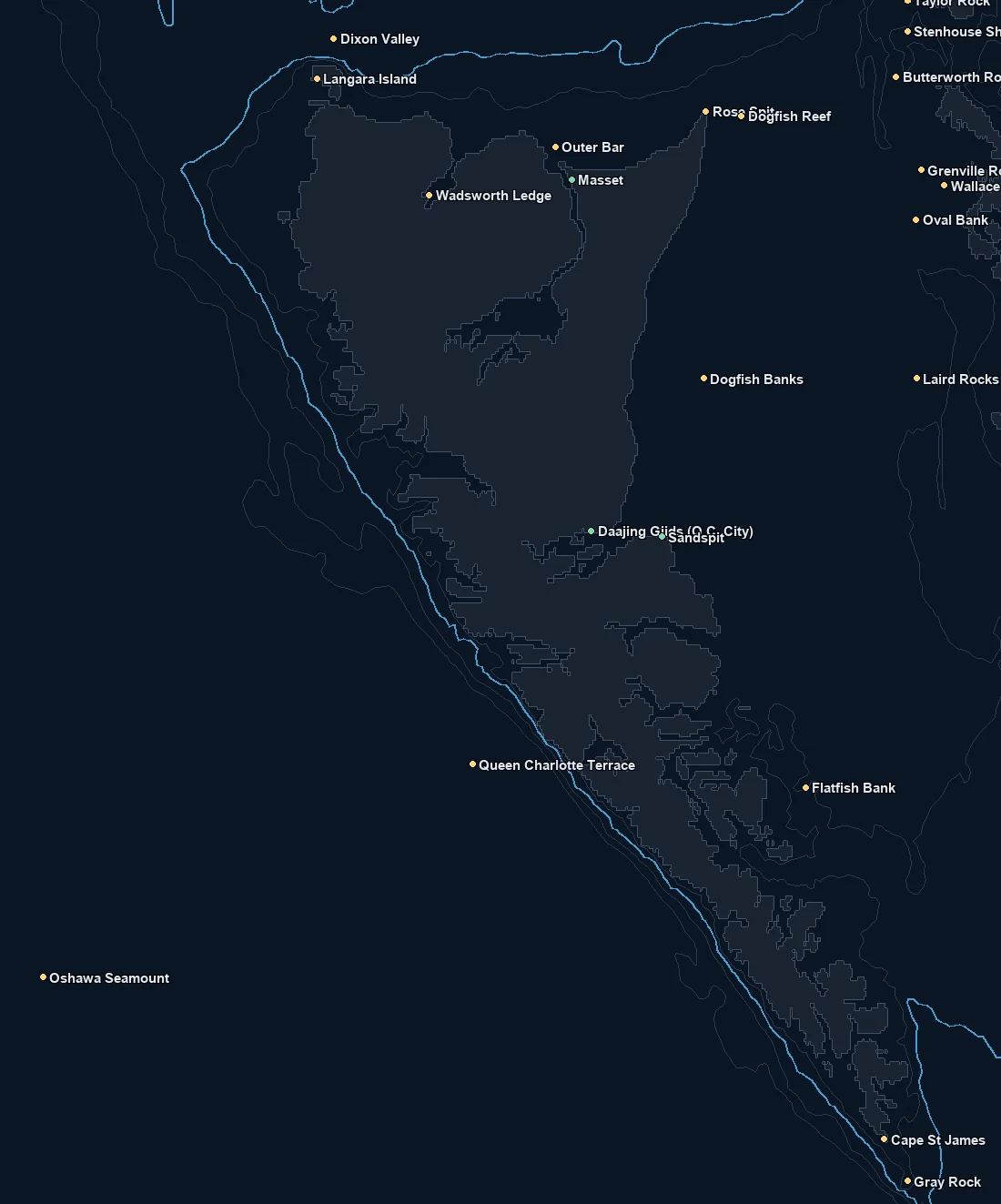 Haida Gwaii bathymetry and named fishing spots base map