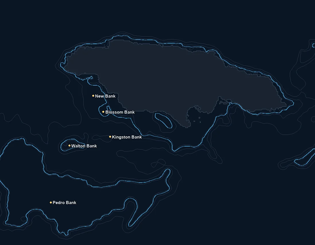 Jamaica bathymetry and named fishing spots base map