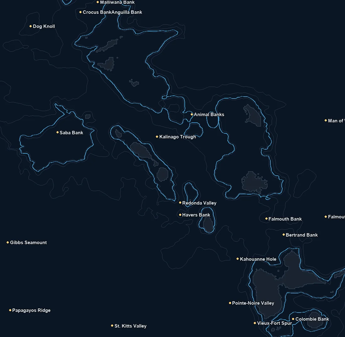 Leeward Islands bathymetry and named fishing spots base map