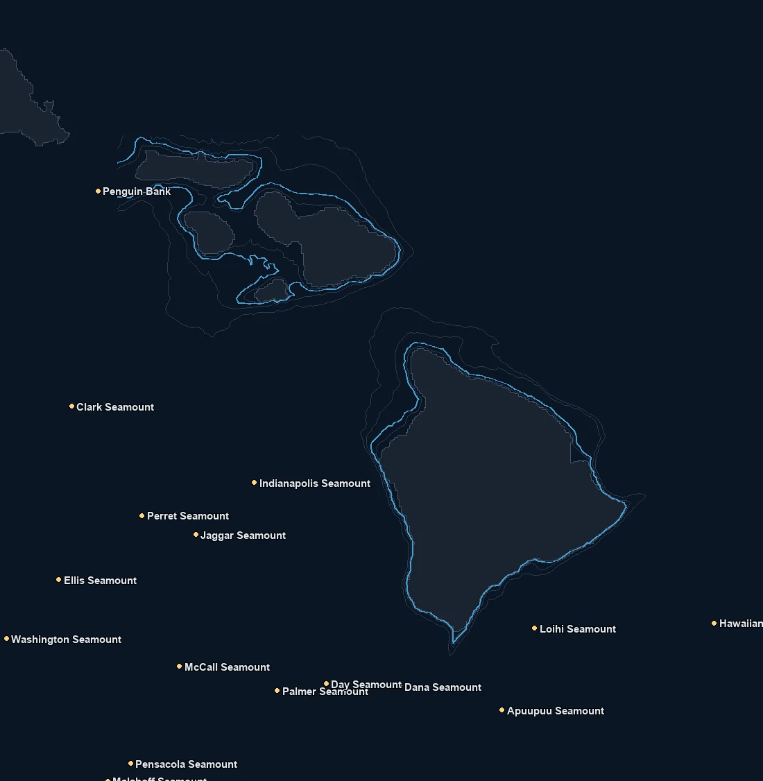 Maui / Big Island bathymetry and named fishing spots base map