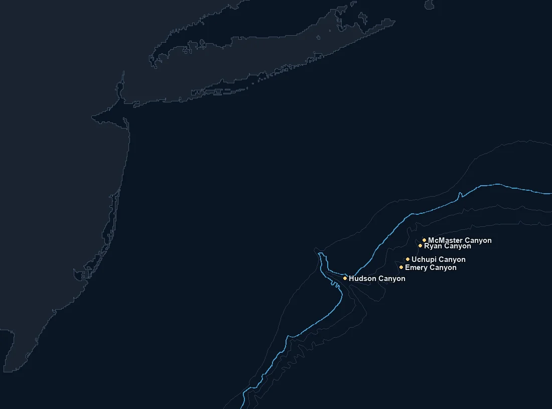 NE Canyons North bathymetry and named fishing spots base map