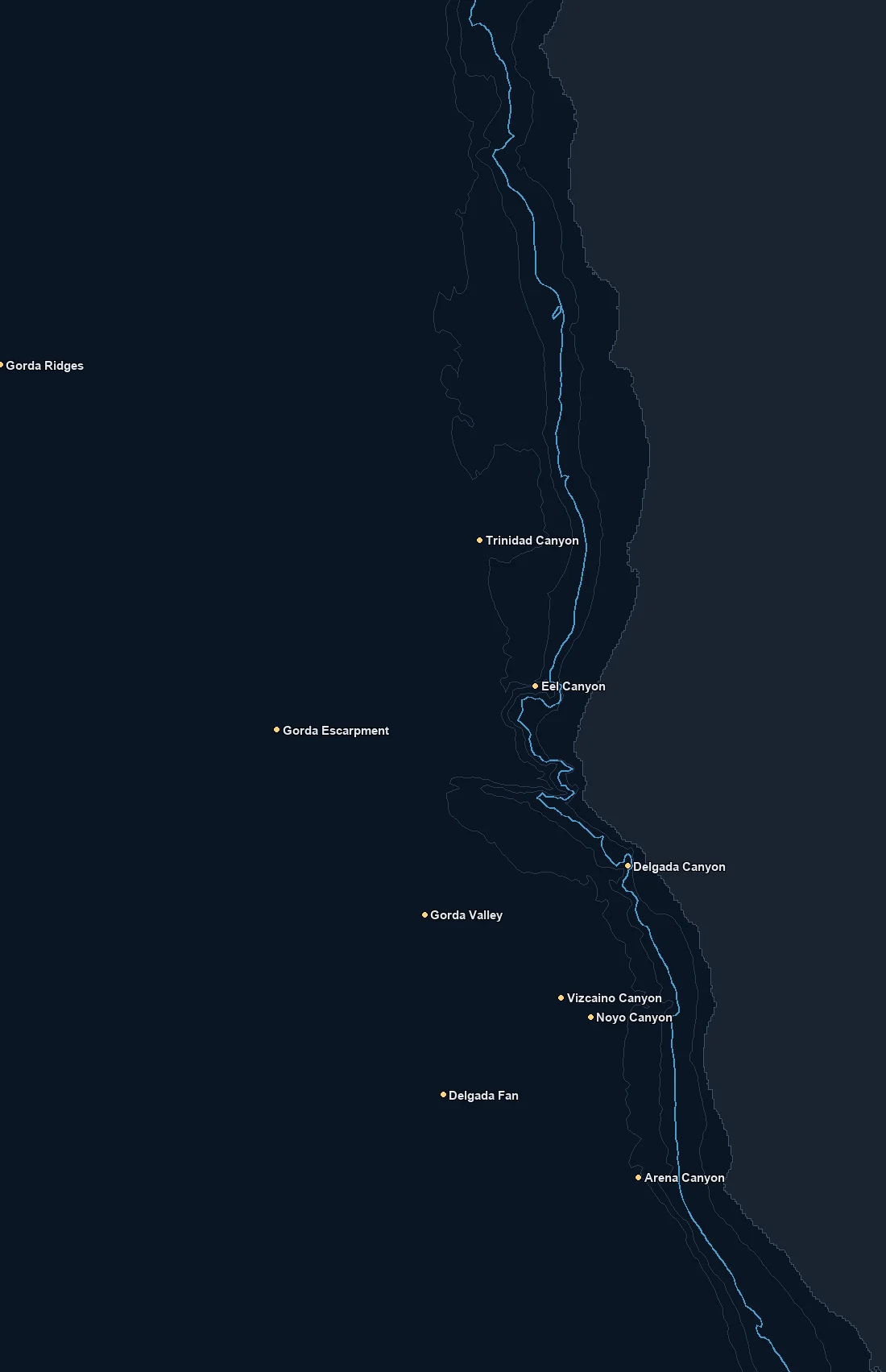 Northern California bathymetry and named fishing spots base map