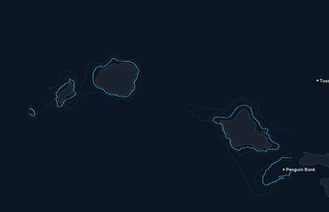 Oahu / Kauai bathymetry and named fishing spots base map