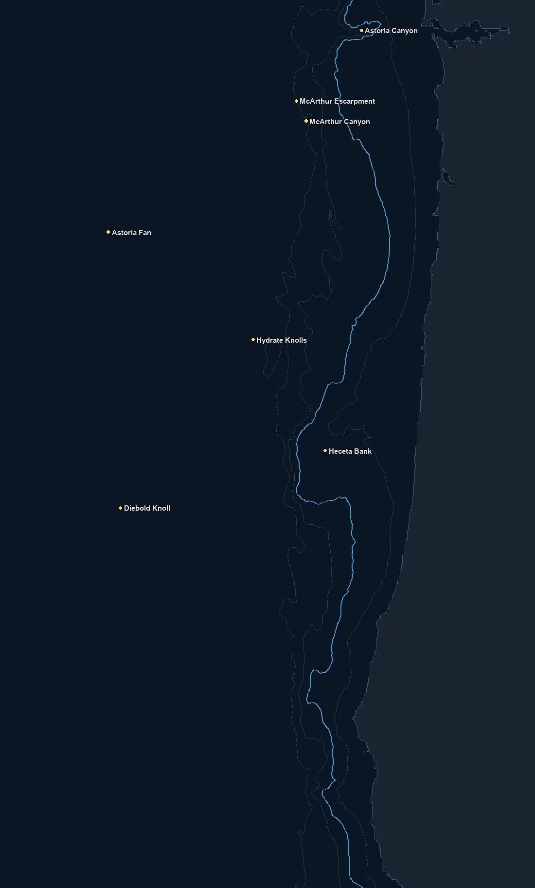 Oregon bathymetry and named fishing spots base map