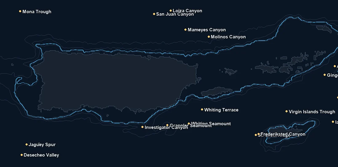 Puerto Rico / Virgin Islands bathymetry and named fishing spots base map
