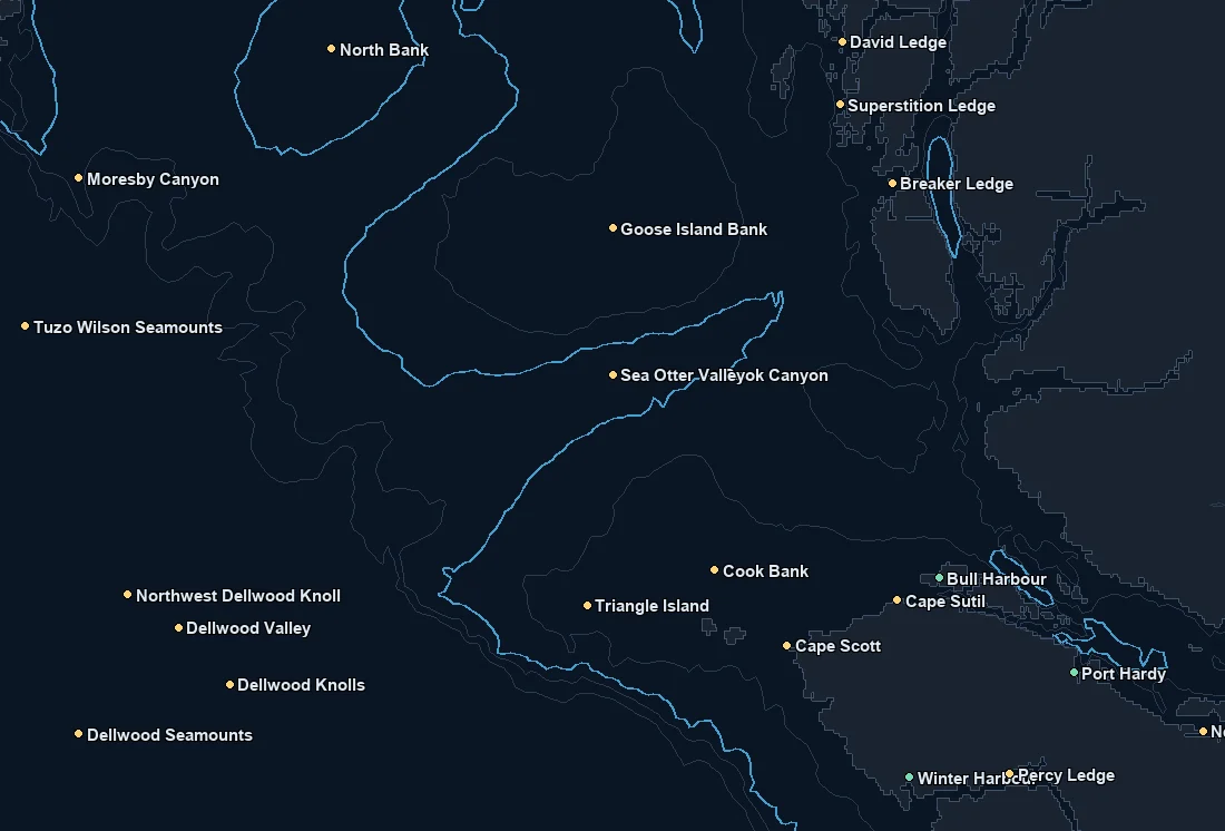 N. Vancouver Island / Q.C. Sound bathymetry and named fishing spots base map