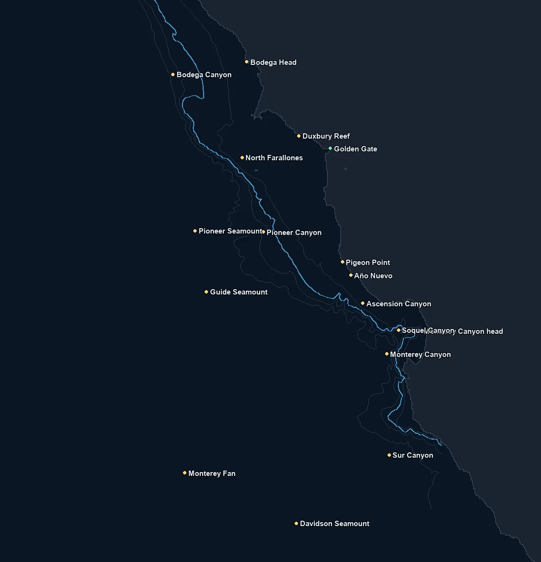 Bay Area / Monterey bathymetry and named fishing spots base map