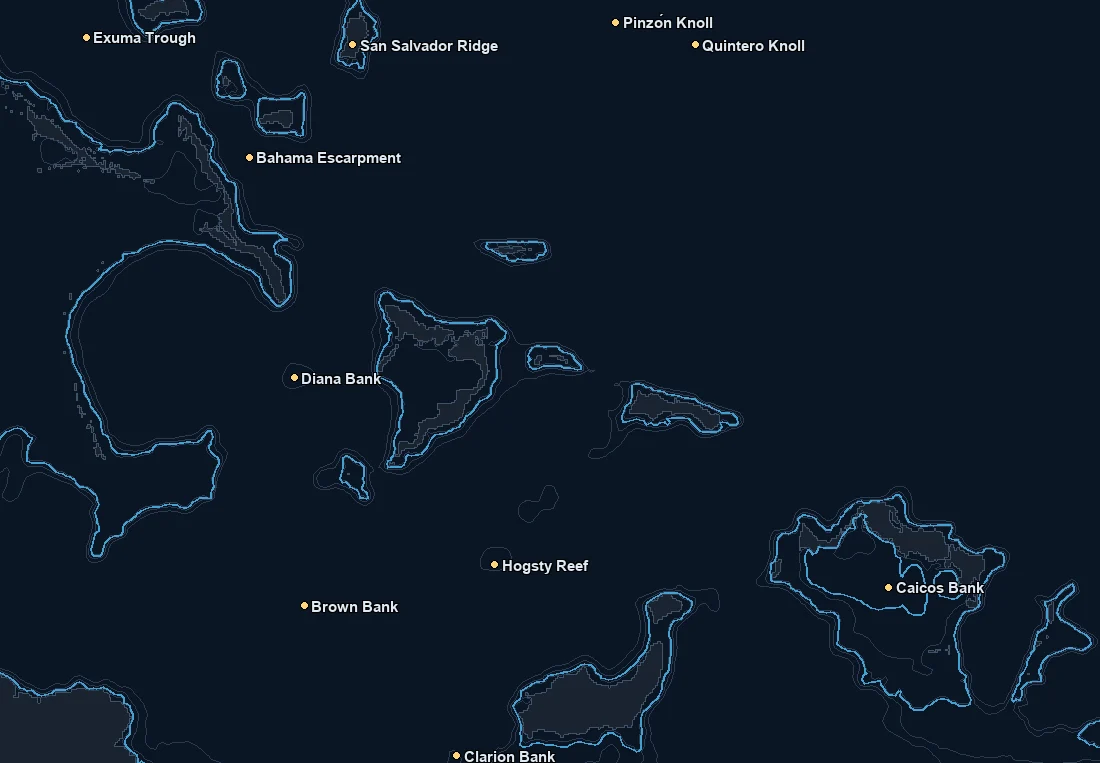 Southern Bahamas / Turks & Caicos bathymetry and named fishing spots base map