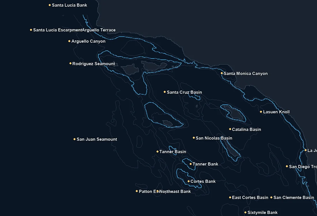 Southern California bathymetry and named fishing spots base map