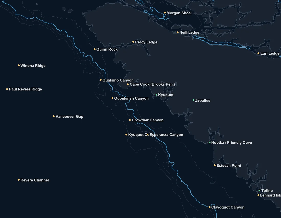 West Vancouver Island bathymetry and named fishing spots base map