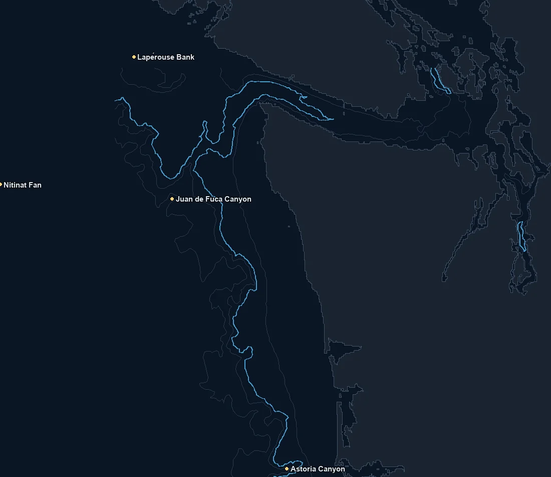 Washington bathymetry and named fishing spots base map