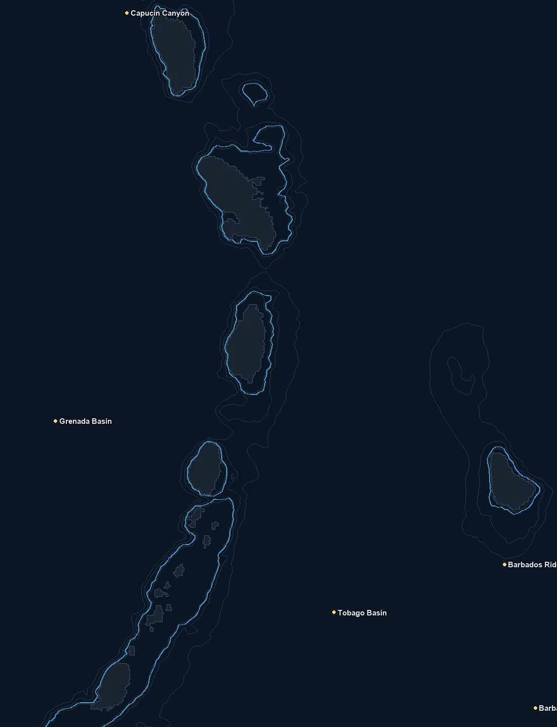 Windward Islands bathymetry and named fishing spots base map