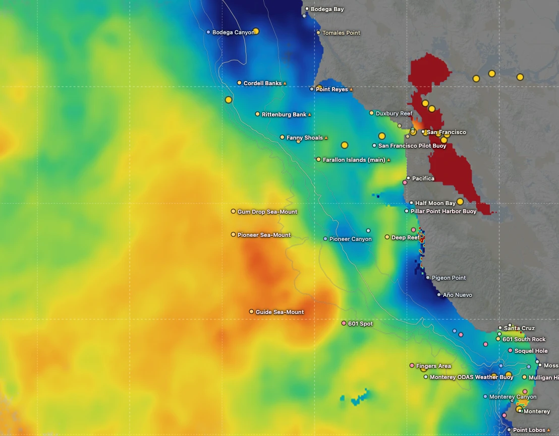 ReelTemps sea-surface temperature chart of the San Francisco Bay Area, showing the temperature break offshore