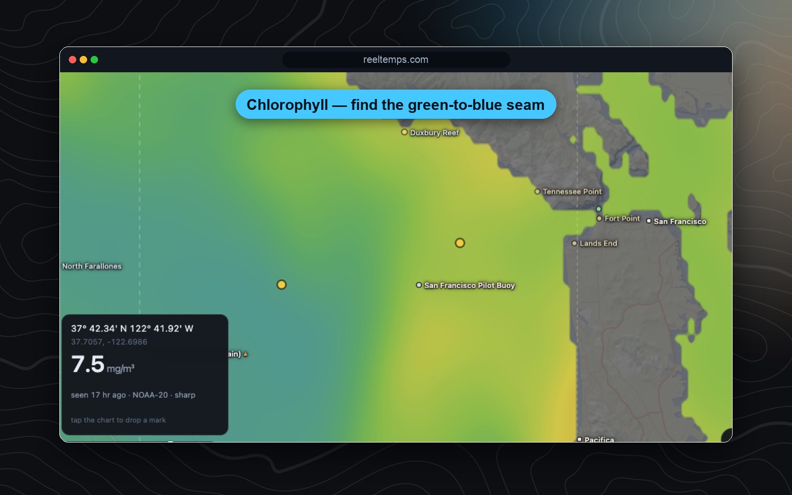 ReelTemps chlorophyll-a chart off San Francisco with a 7.5 mg/m3 readout and color scale