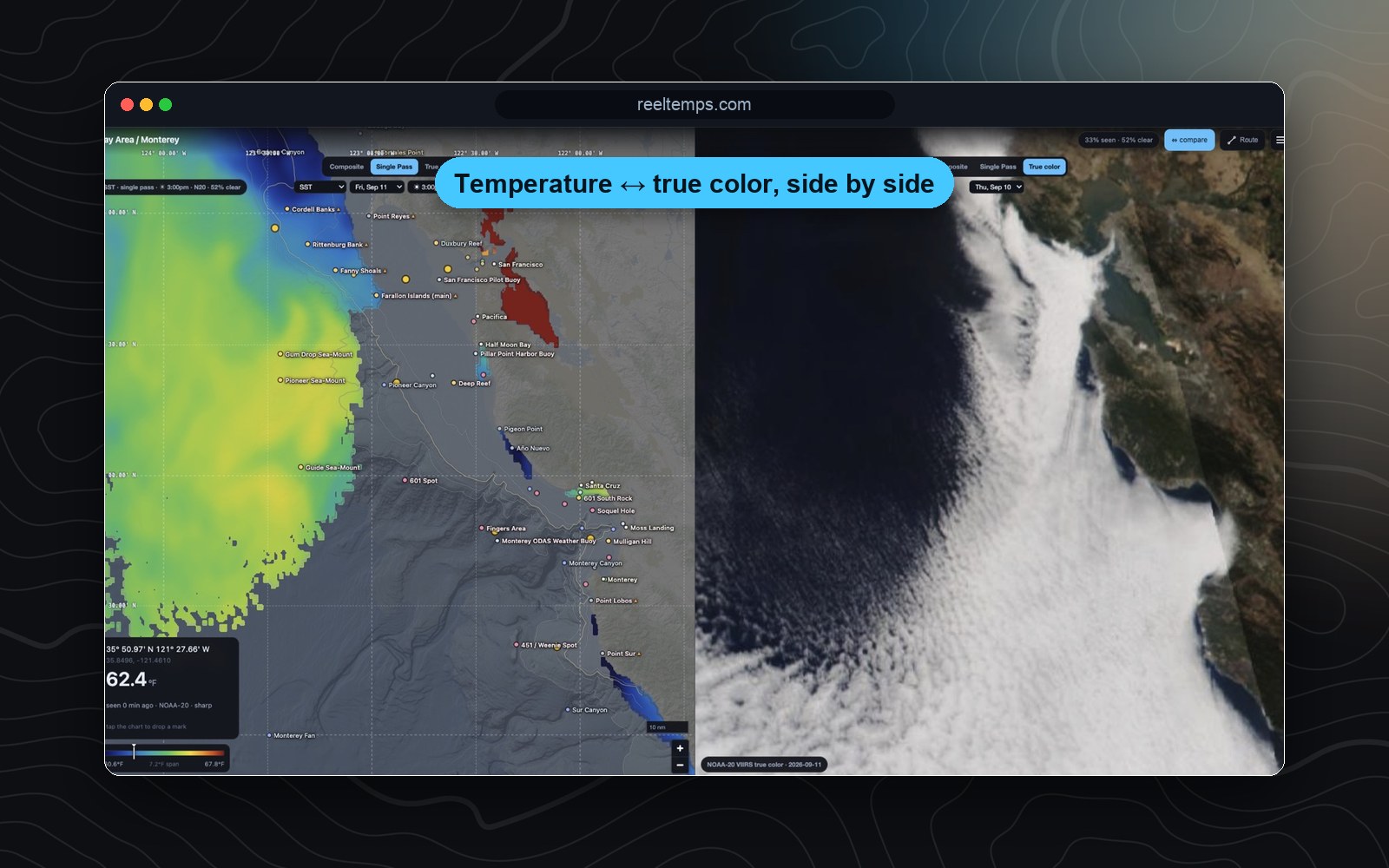 ReelTemps compare view: sea-surface temperature beside true-color satellite imagery of the California coast