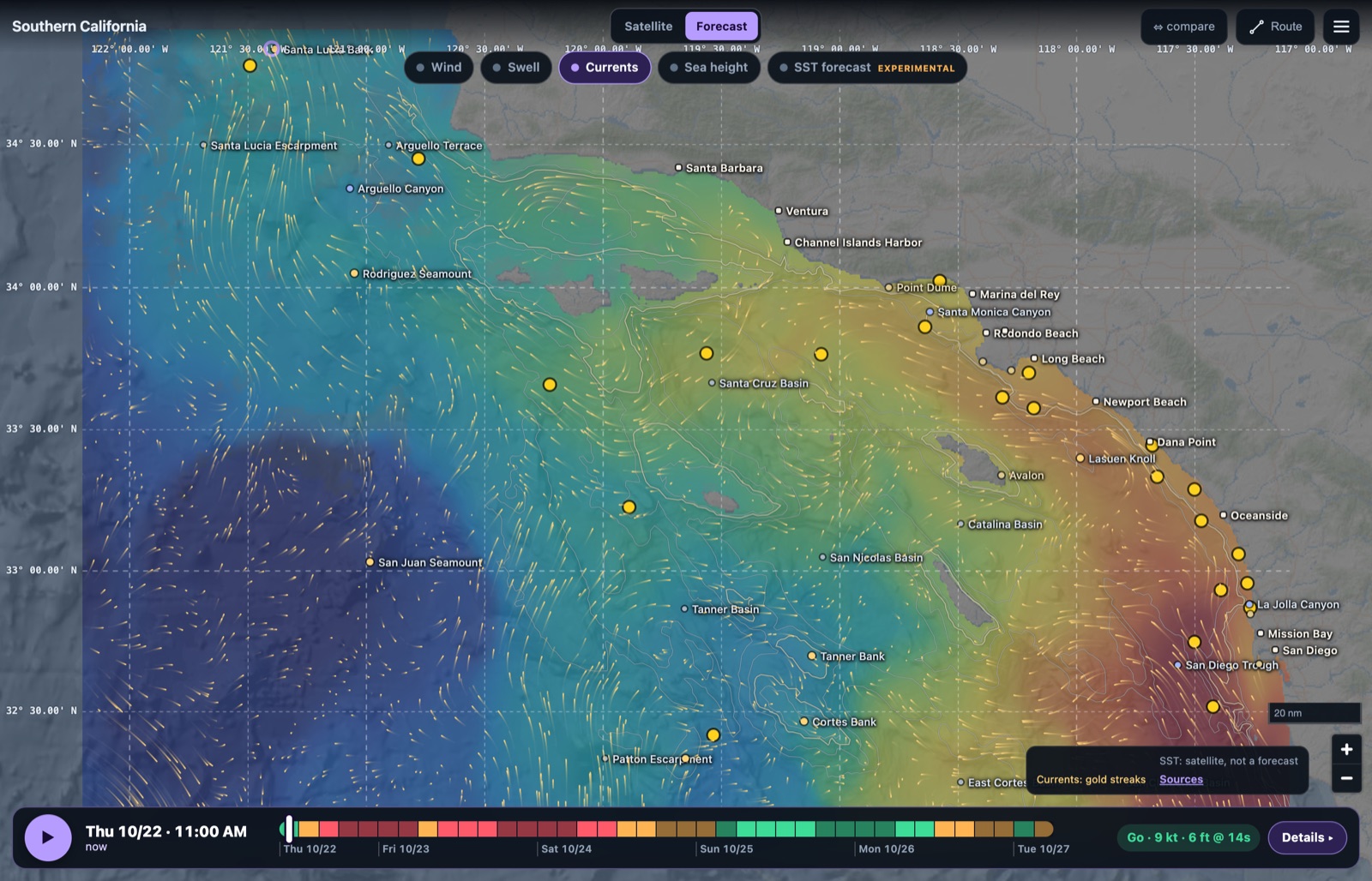 ReelTemps forecast mode: surface currents drawn as streaks over the Southern California sea surface temperature chart