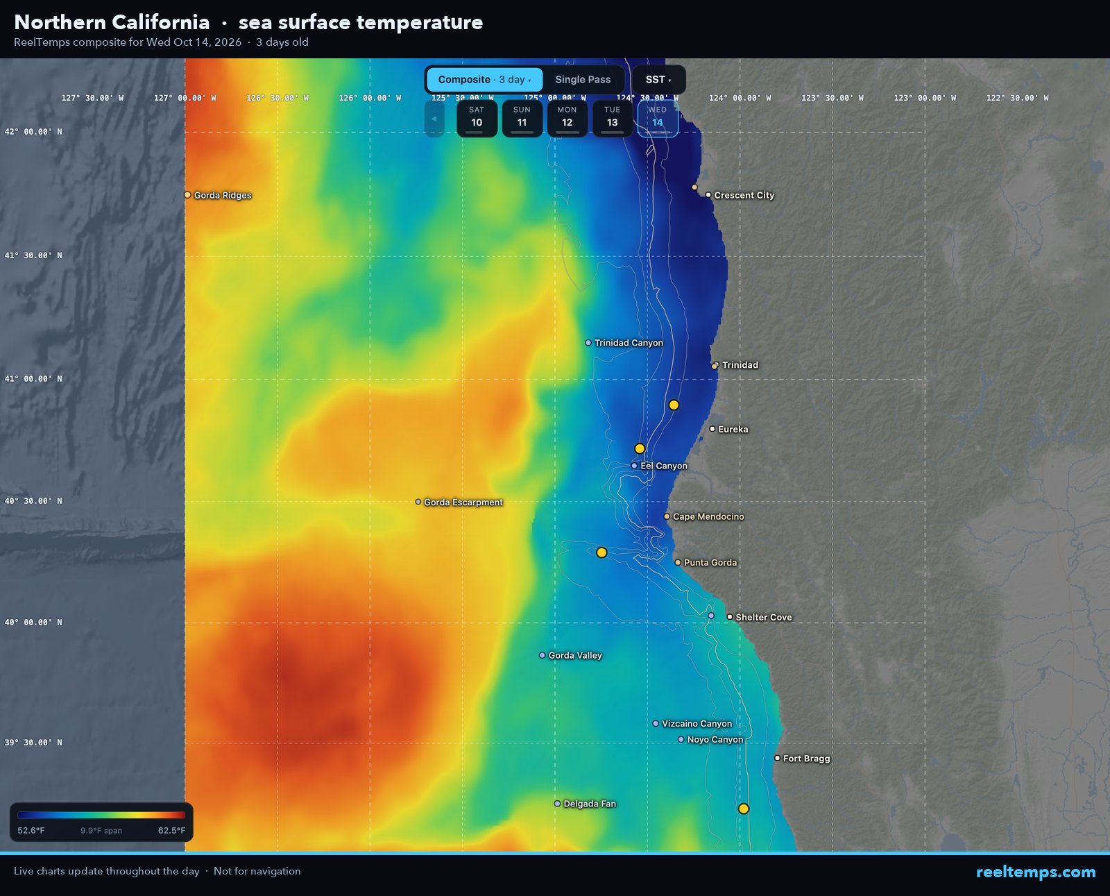 Satellite sea surface temperature off Northern California, October 14, 2026