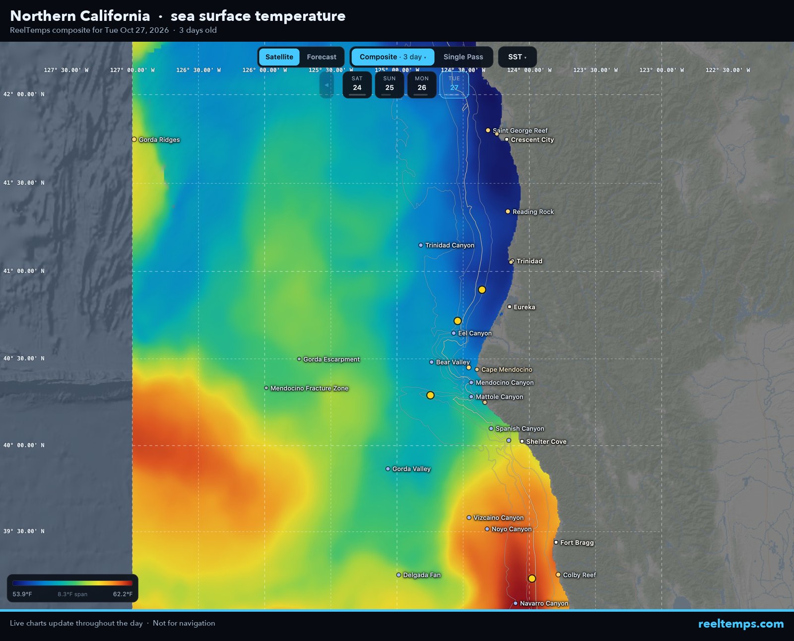 Satellite sea surface temperature off Northern California, October 27, 2026