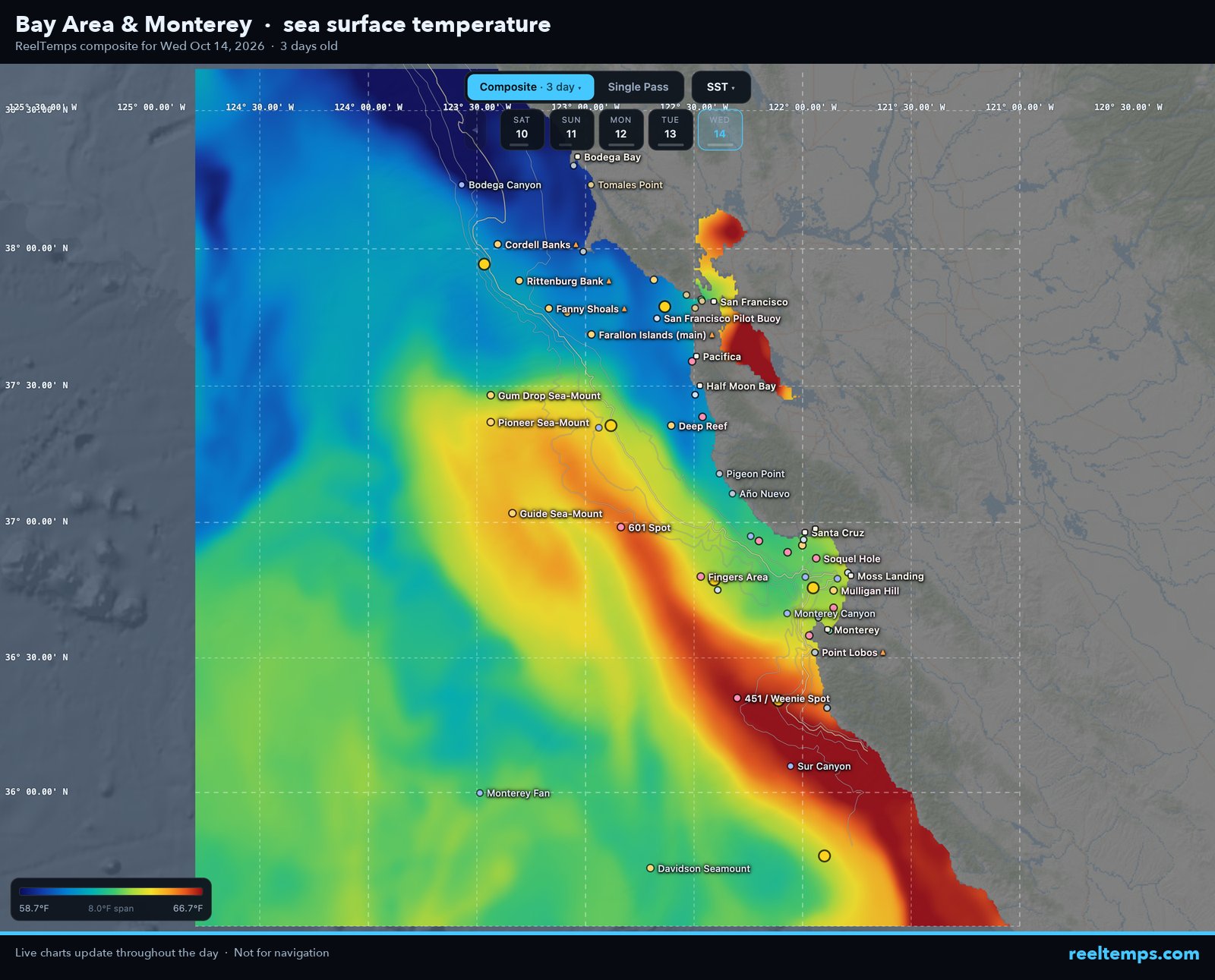 Satellite sea surface temperature off Bay Area & Monterey, October 14, 2026