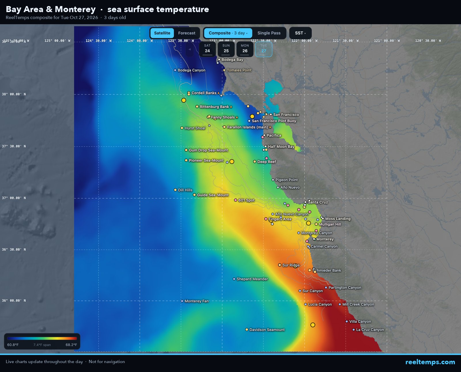 Satellite sea surface temperature off Bay Area & Monterey, October 27, 2026