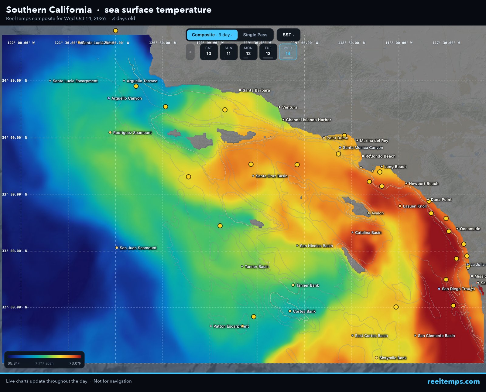 Satellite sea surface temperature off Southern California, October 14, 2026