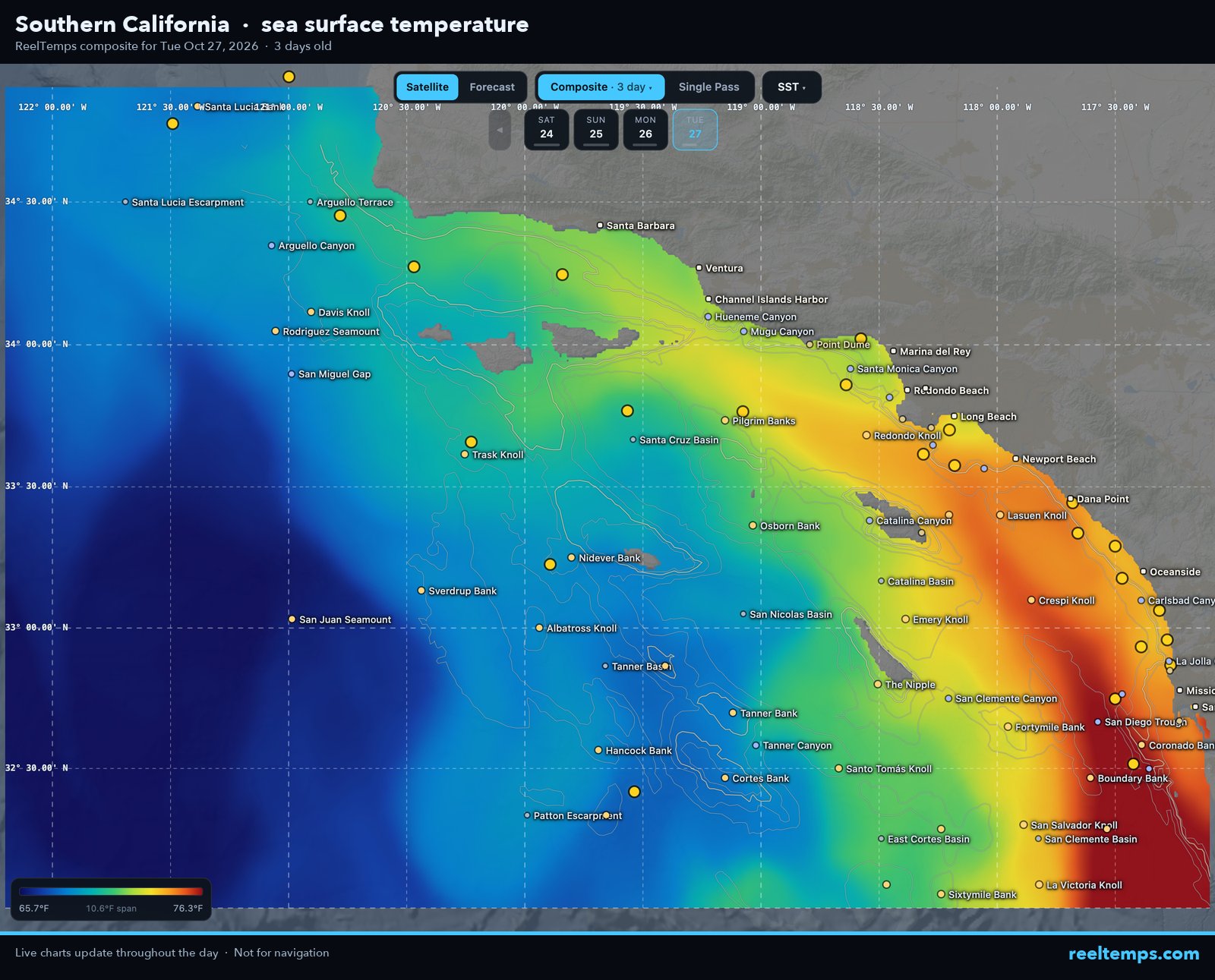 Satellite sea surface temperature off Southern California, October 27, 2026